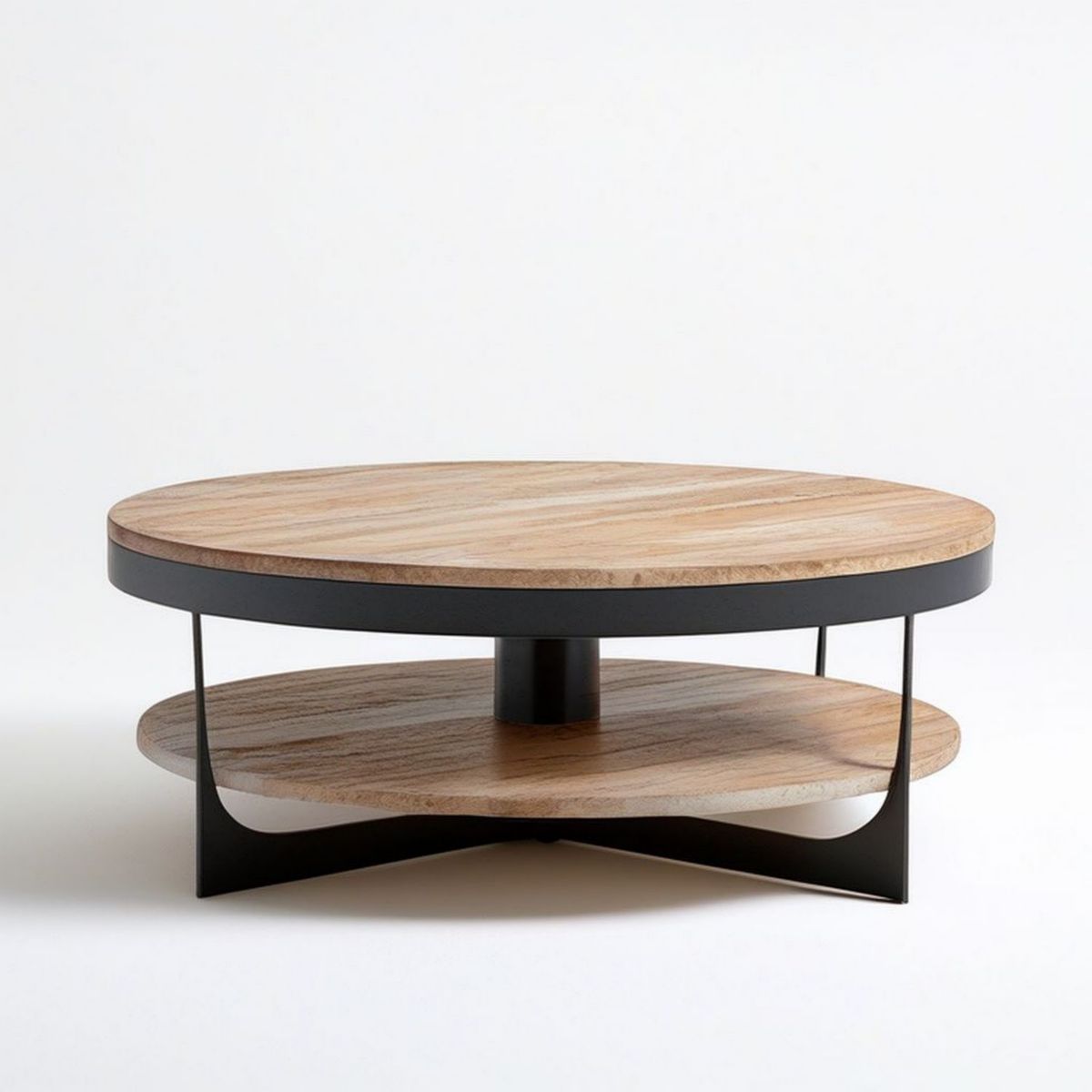 Runder Couchtisch mit Ablage, Eichenfurnier Naturholz/Schwarz, Ø 90 x 42 cm