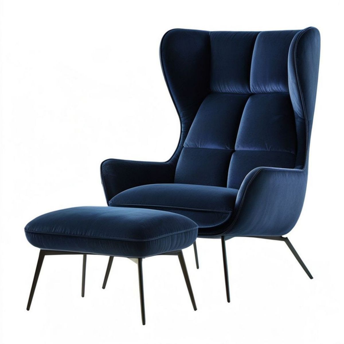 Ohrensessel mit Hocker, dunkelblauer Samt, 76 x 85 x 112 cm
