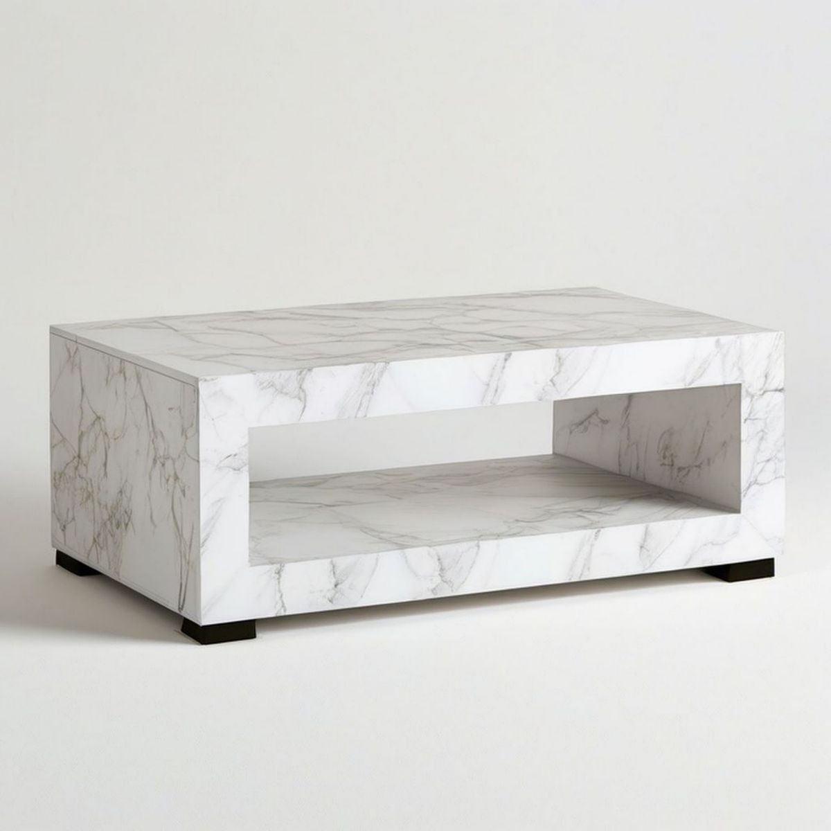 Rechteckiger Couchtisch 100 x 60 x 40 cm in Weiss mit grauem Marmordekor und offenem Ablagefach