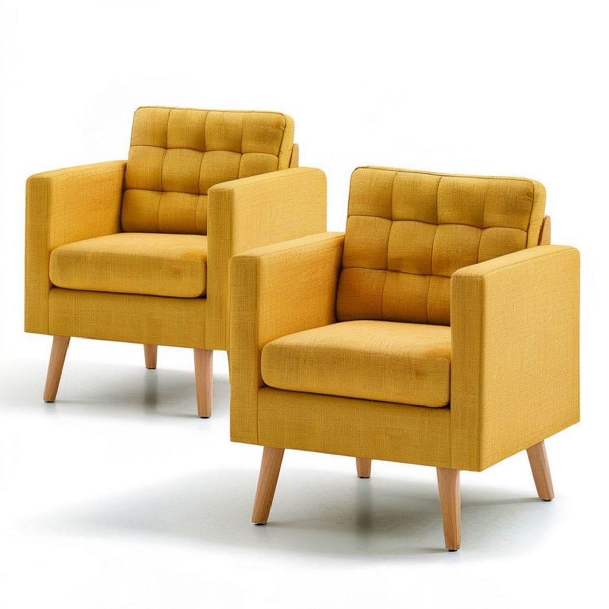2er-Set gepolsterte Loungesessel mit Armlehnen, 70 x 75 x 85 cm, Senfgelb/Natur