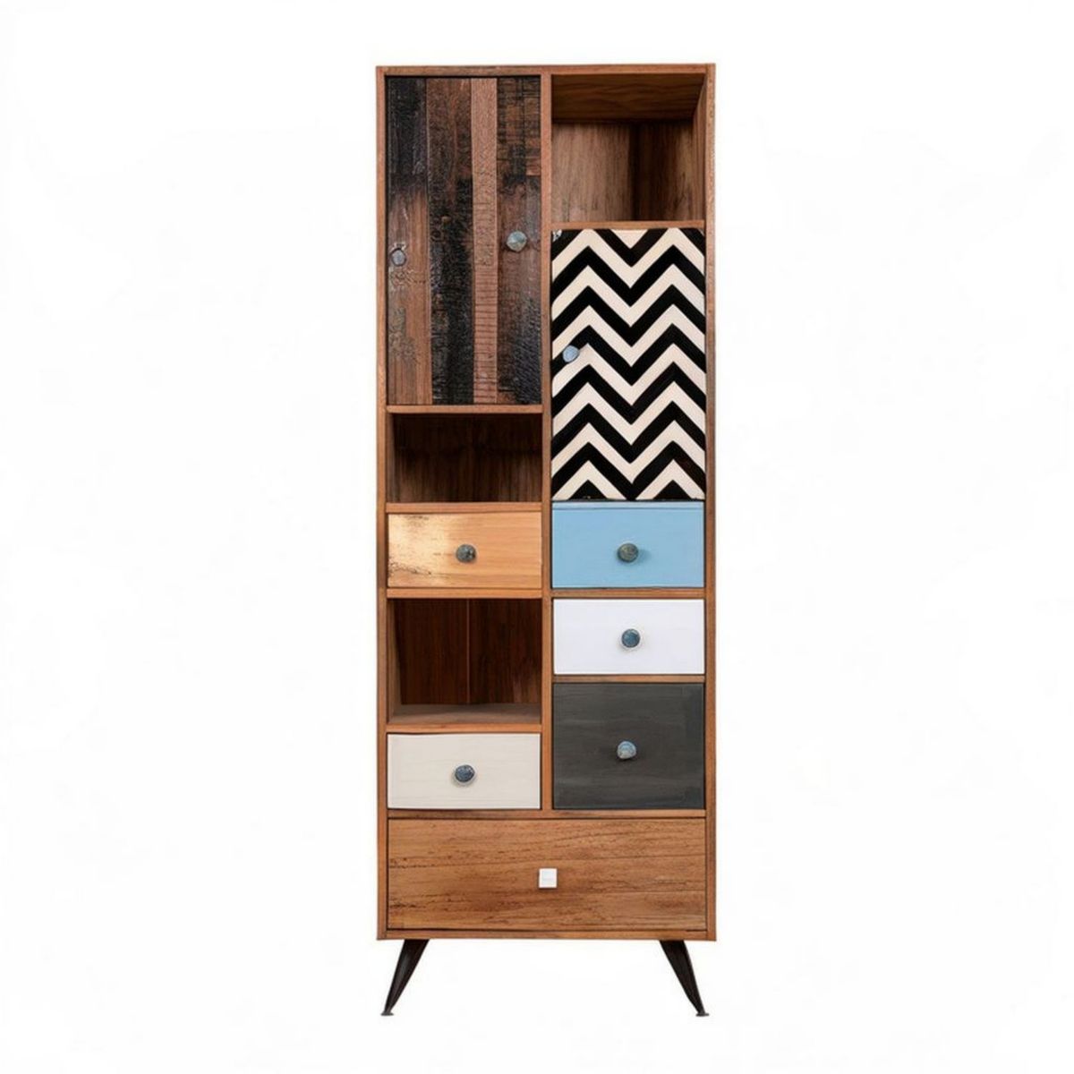 Mehrfarbiger Schrank aus massivem Mangoholz mit 7 Schubladen und 2 Türen, 80 x 40 x 200 cm