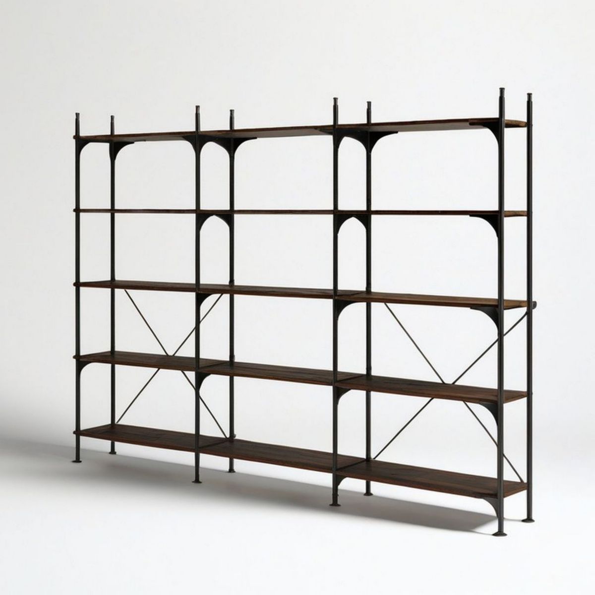 Offenes Bücherregal mit 5 Ablagen, 240 x 35 x 220 cm, Dunkelbraun/Schwarz, Stahl und MDF