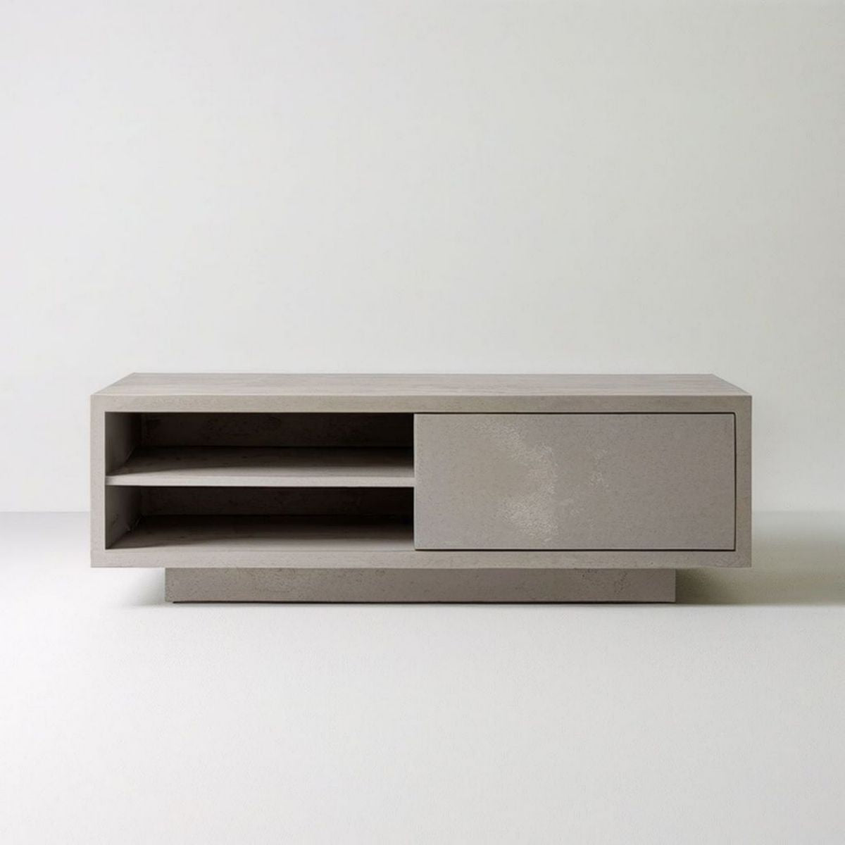 Couchtisch 140 x 40 x 45 cm in Grau Betonoptik mit Schiebetür und offenen Fächern