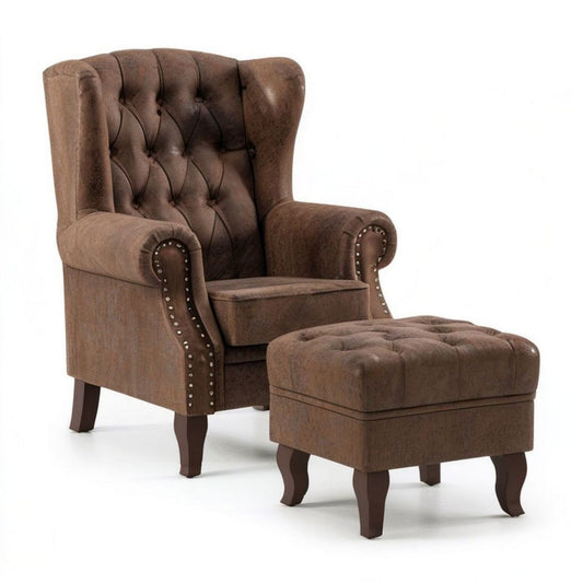 Chesterfield-Ohrensessel mit Hocker, Braun, Kunstleder, Sessel 82 x 85 x 106 cm, Hocker 55 x 45 x 42 cm