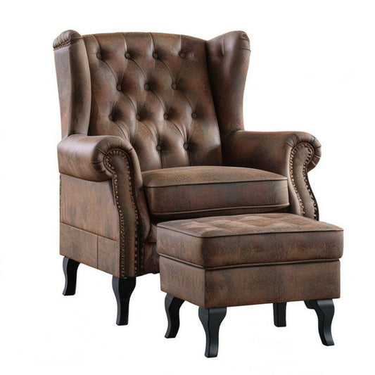 Chesterfield-Ohrensessel mit Fusshocker aus braunem PU-Kunstleder, 80 × 90 × 105 cm
