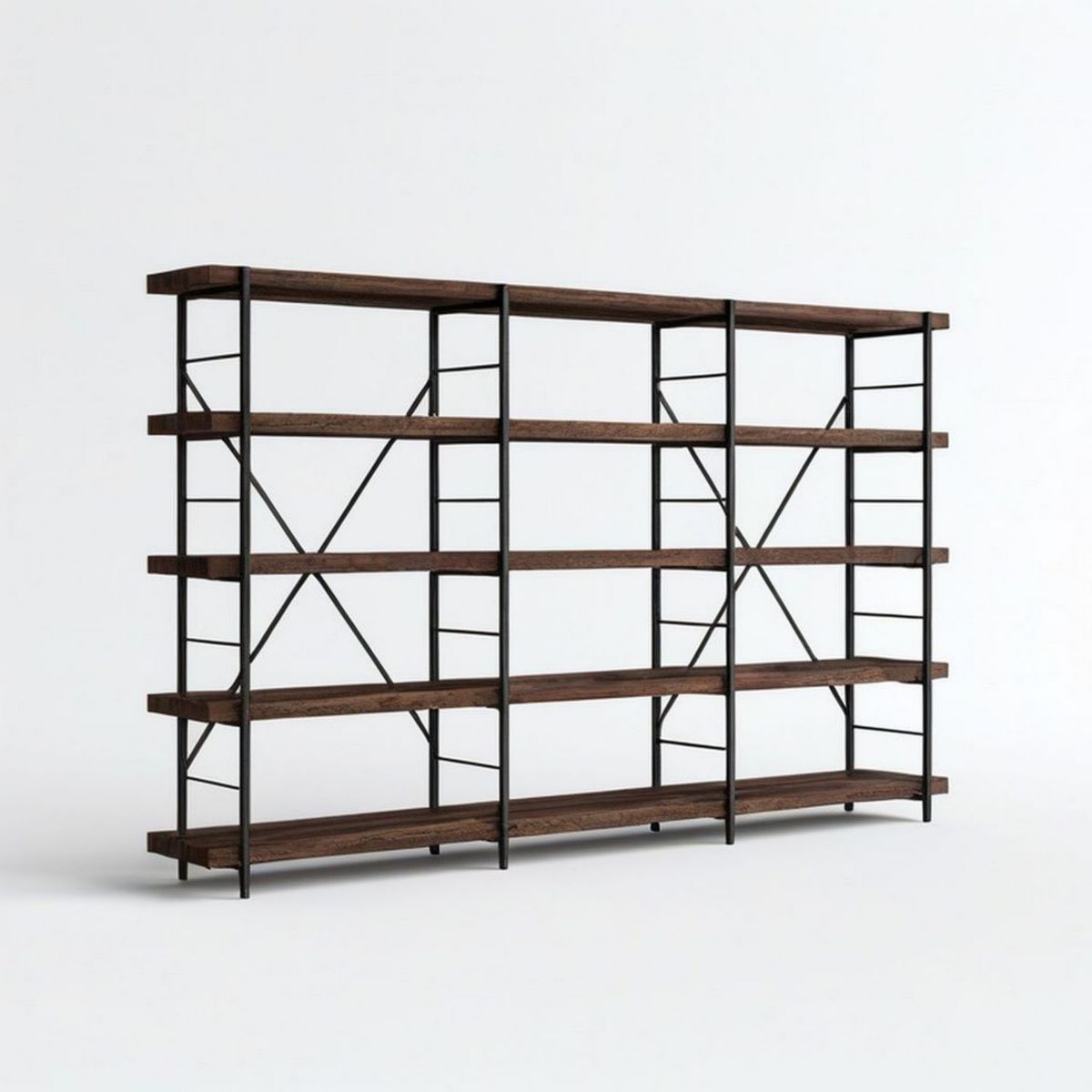 Bücherregal 300 x 35 x 200 cm aus Walnussholz und schwarz pulverbeschichtetem Stahl