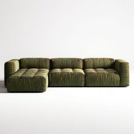 Modulares 3-Sitzer-Ecksofa mit linker Recamiere, olivgrüner Polyester-Samt, 300 x 165 x 70 cm