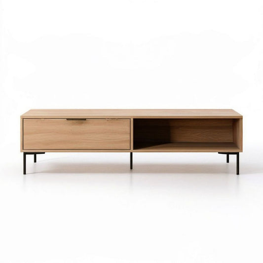 Rechteckiger Couchtisch 180 x 40 x 45 cm aus Eichenfurnier in Natureiche/Schwarz mit Schublade und offenem Fach