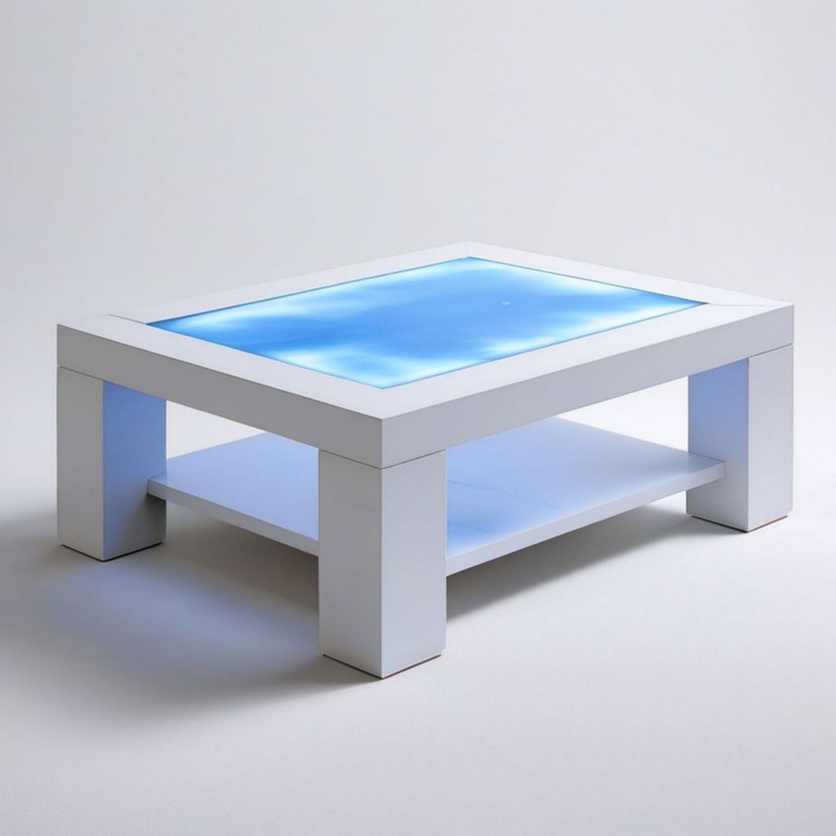Rechteckiger LED-Couchtisch aus weiss lackiertem MDF und Glas, 100 x 60 x 45 cm