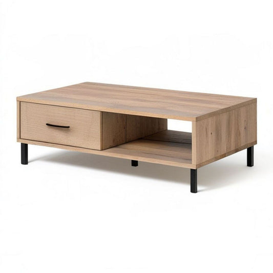 Rechteckiger Couchtisch mit Schublade und offenem Fach, 100 x 60 x 40 cm, Eiche Natur/Schwarz